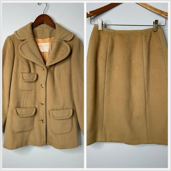Vintage 1970s Pendleton Camel Brown Virgin Wool Longline Coat and Skirt Set - Picture 1 of 16